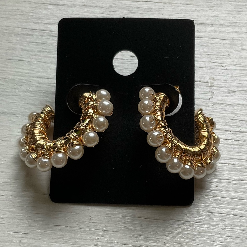 Gold and Pearl Wrapped Hoop Earrings - Picture 2 of 5